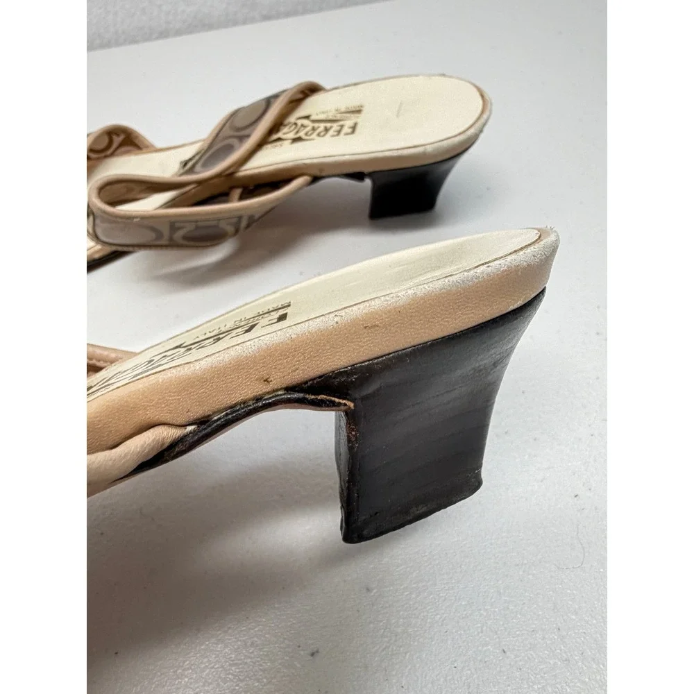 Salvatore Ferragamo Gancini Logo Lucite Block Heel Slide Sandals Tan 9.5 B